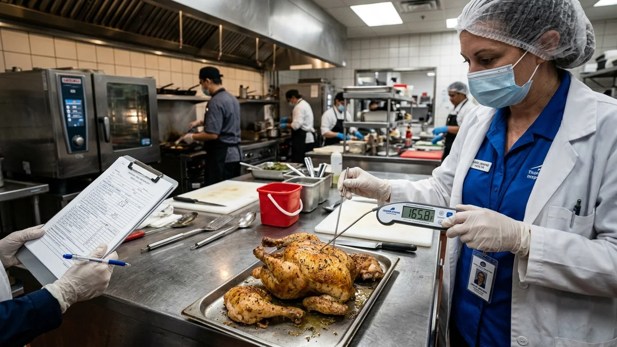 Commercial kitchen bimetallic stem thermometer probe inside poultry illustrating FDA 165 degree kill step