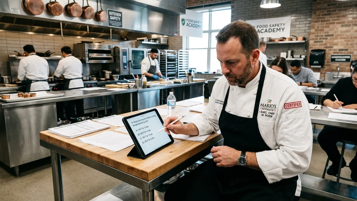 Food safety manager reviewing test questions on clipboard in commercial kitchen setting